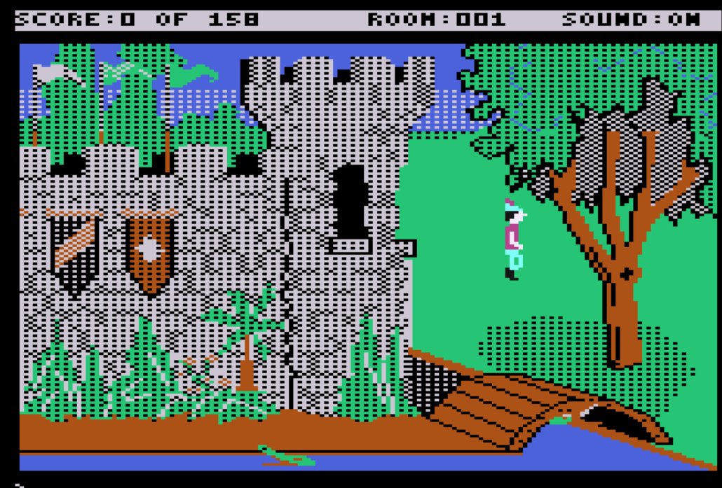 King's Quest I outside the castle in Daventry, rendered by AGI-ANTIC for Atari 800