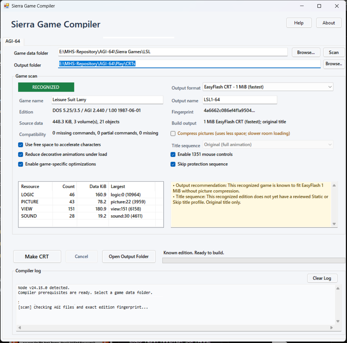 Work-in-progress Sierra Game Compiler interface recognizing an AGI game and preparing an EasyFlash CRT build