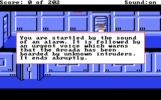 Space Quest I on the Commodore 64 with high-resolution dialog text aboard the Arcada