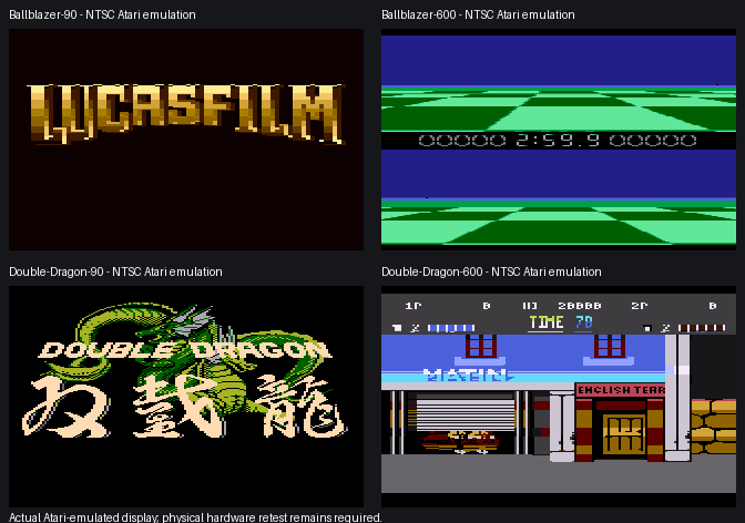 Atari 7800 emulator preview with Ballblazer and Double Dragon title and gameplay screens