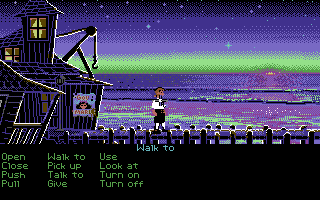Guybrush outside the Scumm Bar in The Secret of Monkey Island, displayed by MPE