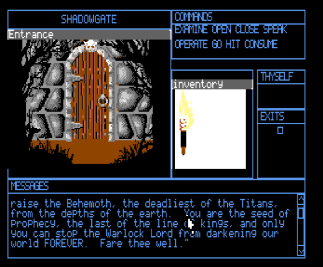 Shadowgate development preview showing the castle entrance, command panel and inventory
