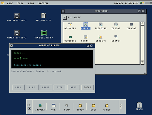 HamsterOS desktop showing CD Player and Tools