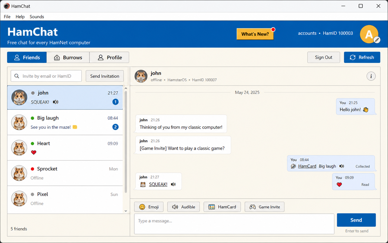 HamChat on Windows showing friends, conversations, HamCards, audible SQUEAKs, and game invitations