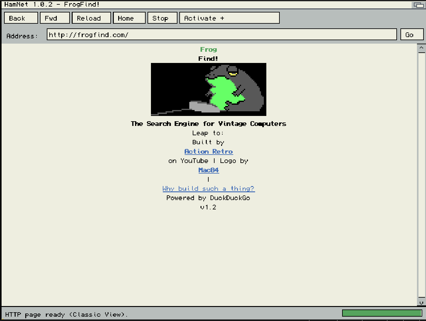 Free HamNet browser on AmigaOS displaying the FrogFind search engine over plain HTTP