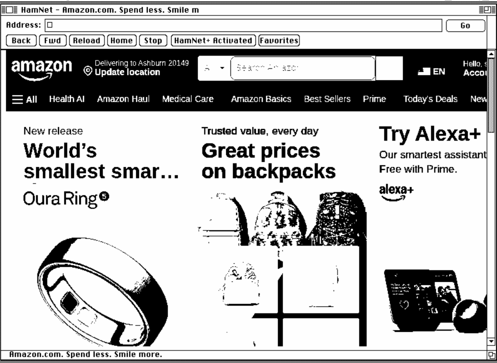 HamNet 1.0.3 displaying Amazon in monochrome on System 7