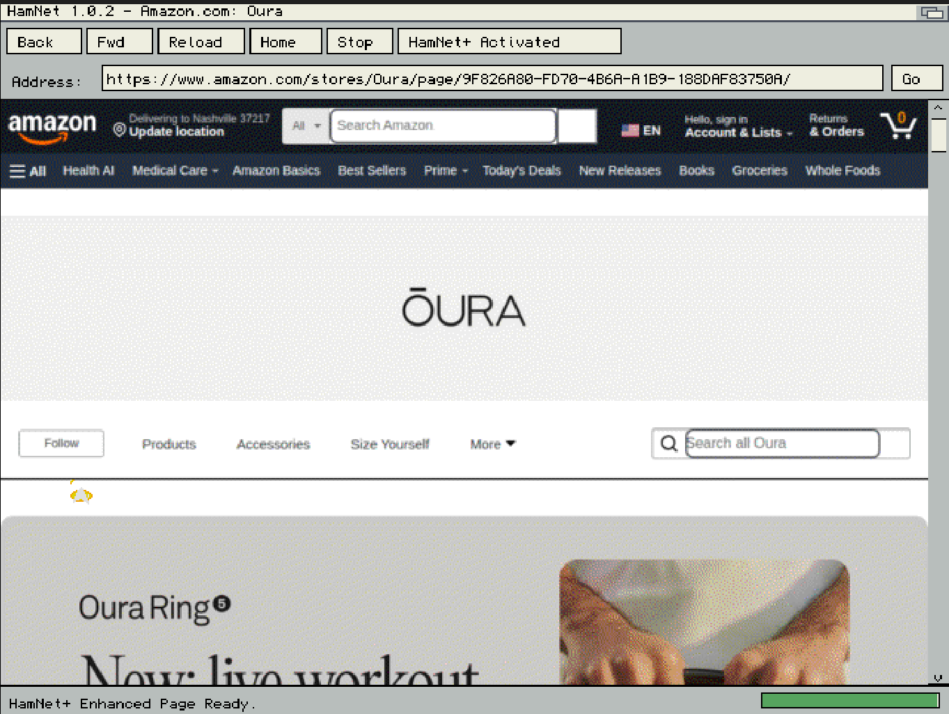 HamNet+ on AmigaOS displaying a modern Amazon product page over HTTPS