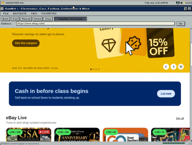 HamNet+ on HamsterOS displaying the modern eBay homepage over HTTPS