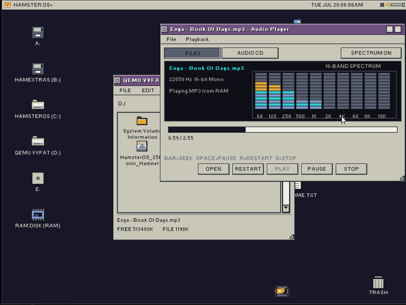 HamsterOS Audio Player playing an MP3 file with spectrum display