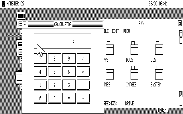 HamsterOS CGA desktop with Calculator and File Manager