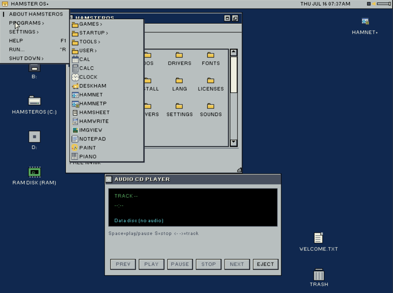 HamsterOS desktop and Programs menu