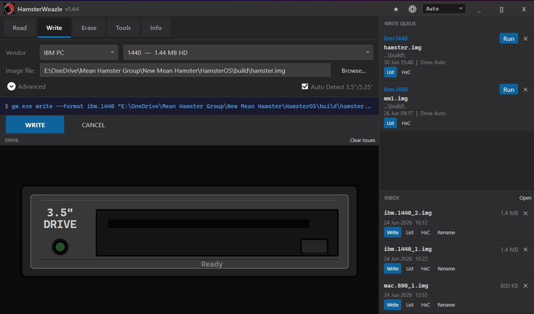 HamsterWeazle interface showing tabs for read, write, erase, and tools